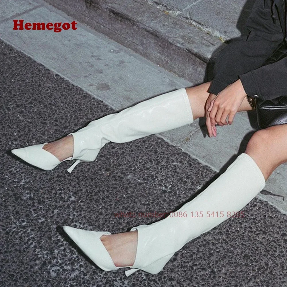 

Белые сандалии с вырезами, женские босоножки на шпильке с острым носком, сапоги до колена, осень-зима 2025, новая элегантная обувь без шнуровки