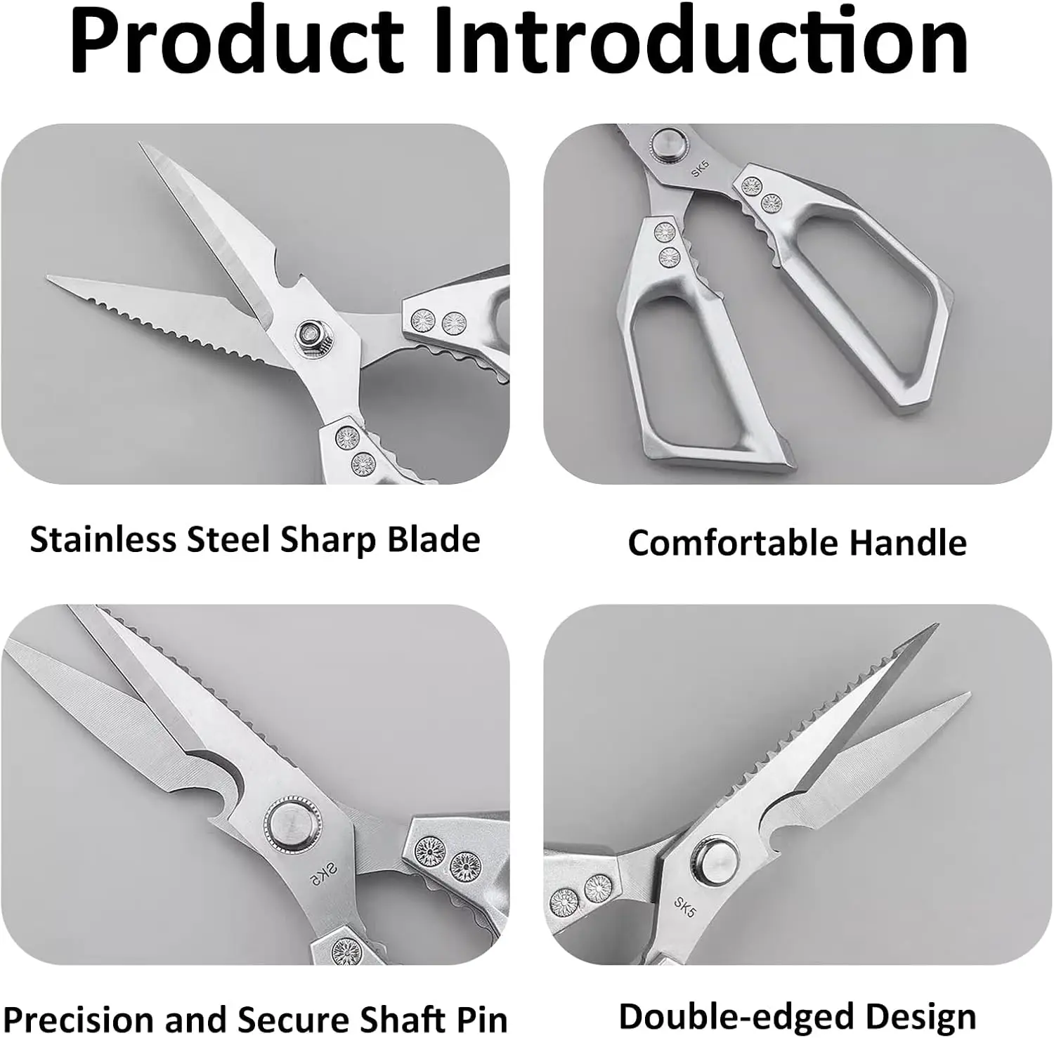 Heavy Duty Sharp Kitchen Scissors, Dishwasher Safe, Cooking Shears for Meat, Chicken, Fish, Poultry, Herb, Bread (Silver)