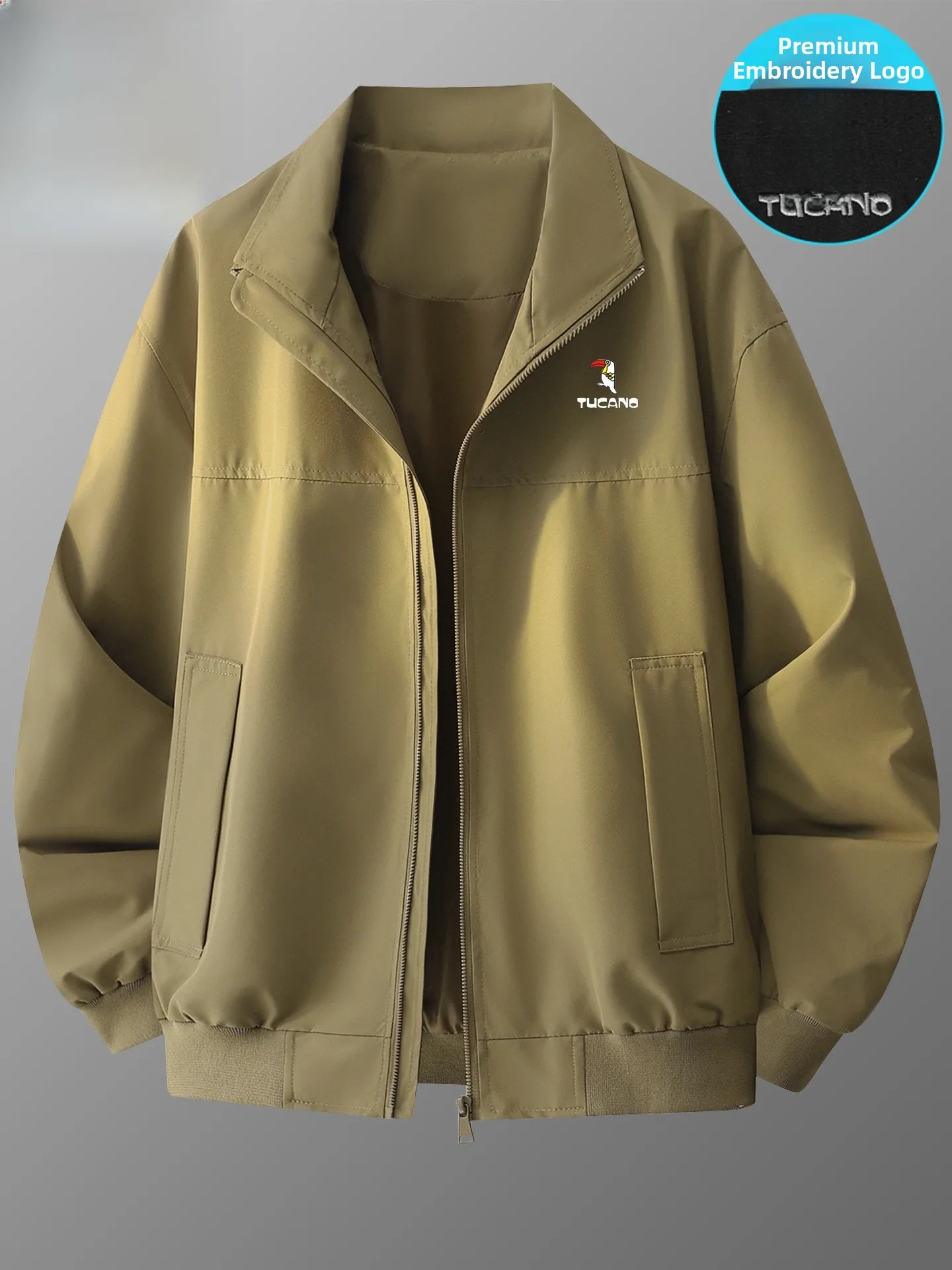 

Loose Fit Men's Casual Jaet Spring Autumn Winter Outerwear Youth Trendy Stand Collar Leisure Top Zipper Closure No Hat