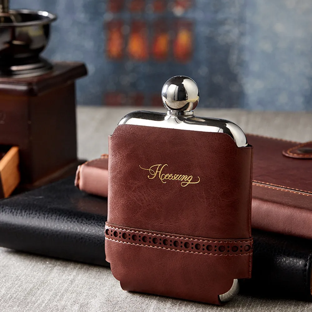 6 OZ Stainless Steel Hip Flask With Leather Covers Pocket Hidden Liquor Whiskey Alcohol Flask Gift For Father Boy Friend