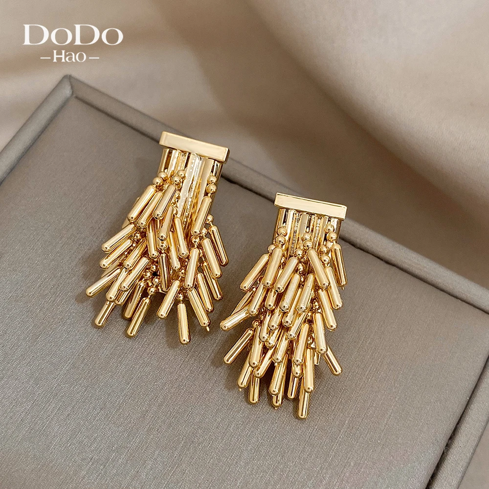 DODOHAO French Style  Statement Beads Chain Tassel Drop Earring Personality Gold Color Metal Earrings for Women Wedding Jewelry