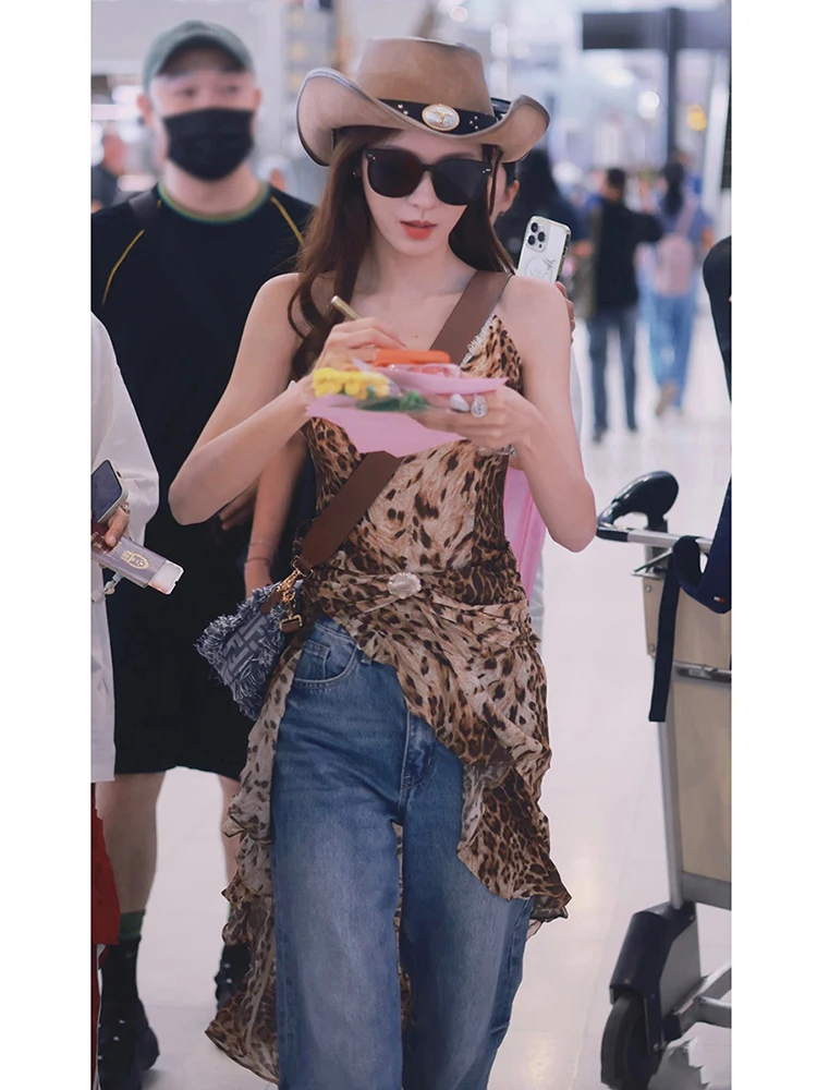 Weird Puss Sexy Leopard Slip Dress Women Irregular Seashell Ruched Tail Swing Skinny Club Beach Vacation Music Festival Bodycon