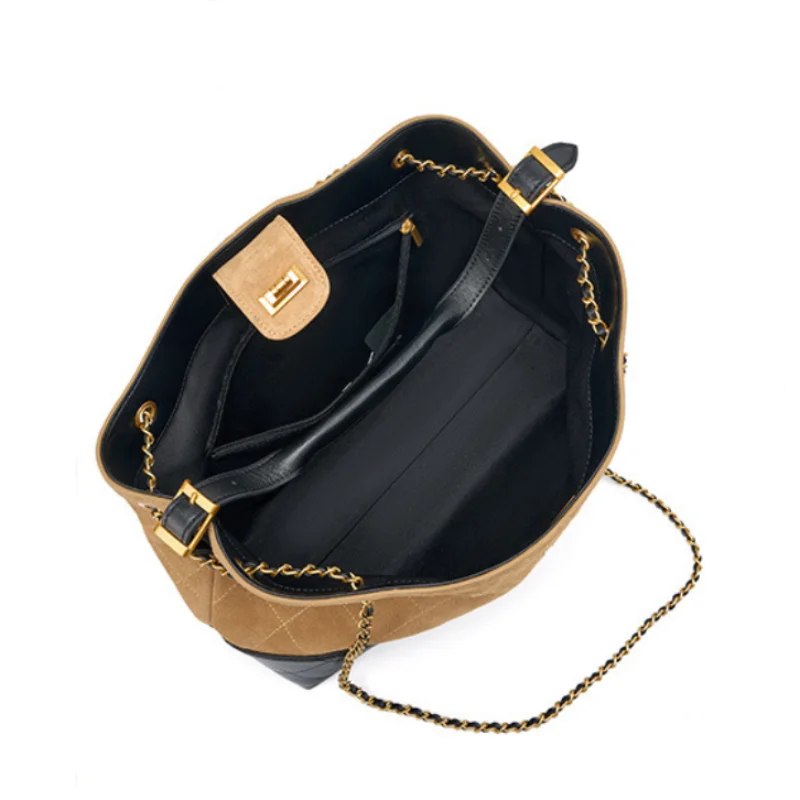 Borsa a tracolla in vera pelle scamosciata color block per le donne Borse a secchiello per pendolarismo alla moda Borsa a tracolla versatile