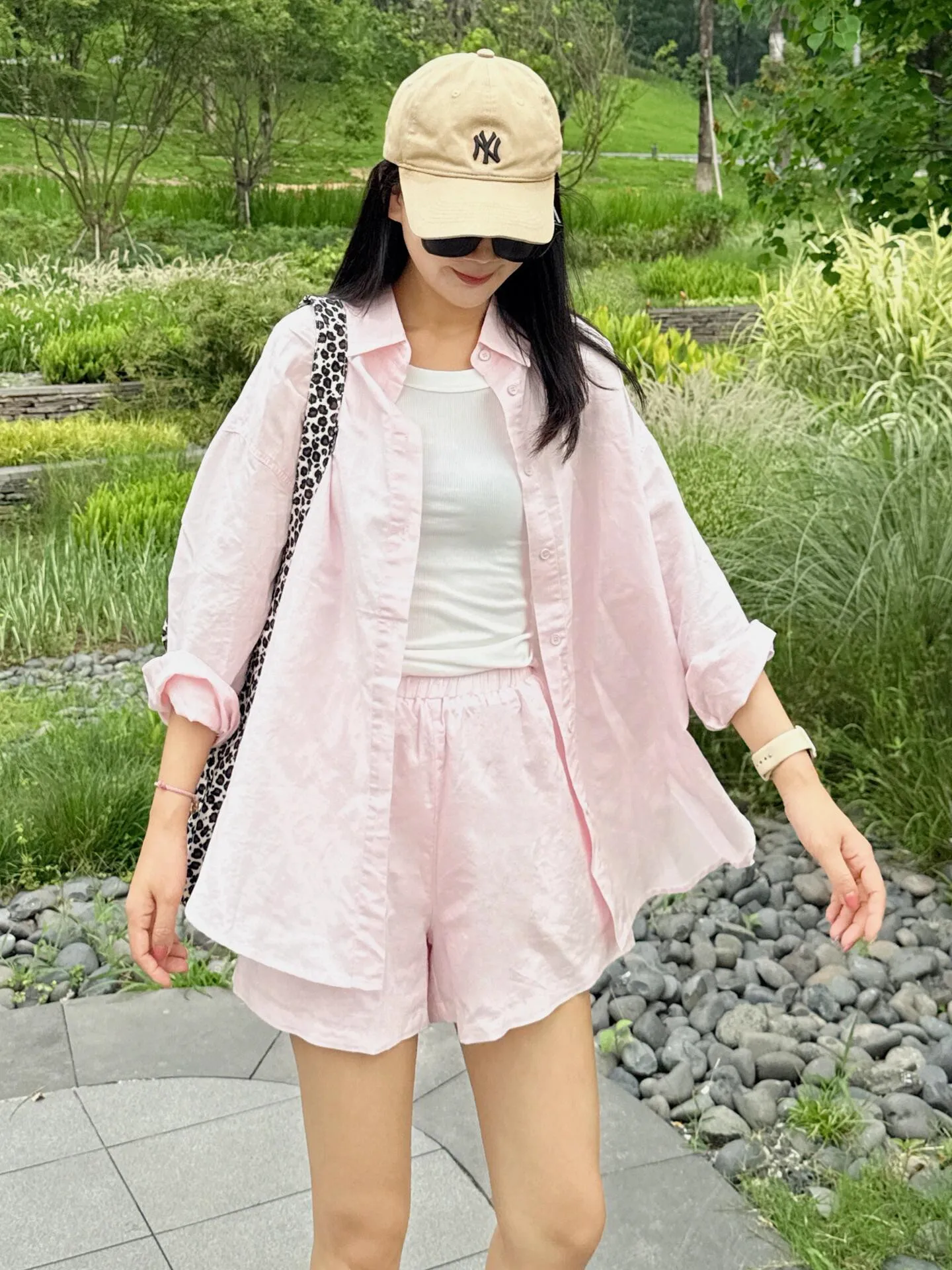 

Casual Sportswear Set Women's Spring Summer Lightweight Long Sleeve Shirt Short Pants Dopaamine Pink Two Piece Set Anti Aging