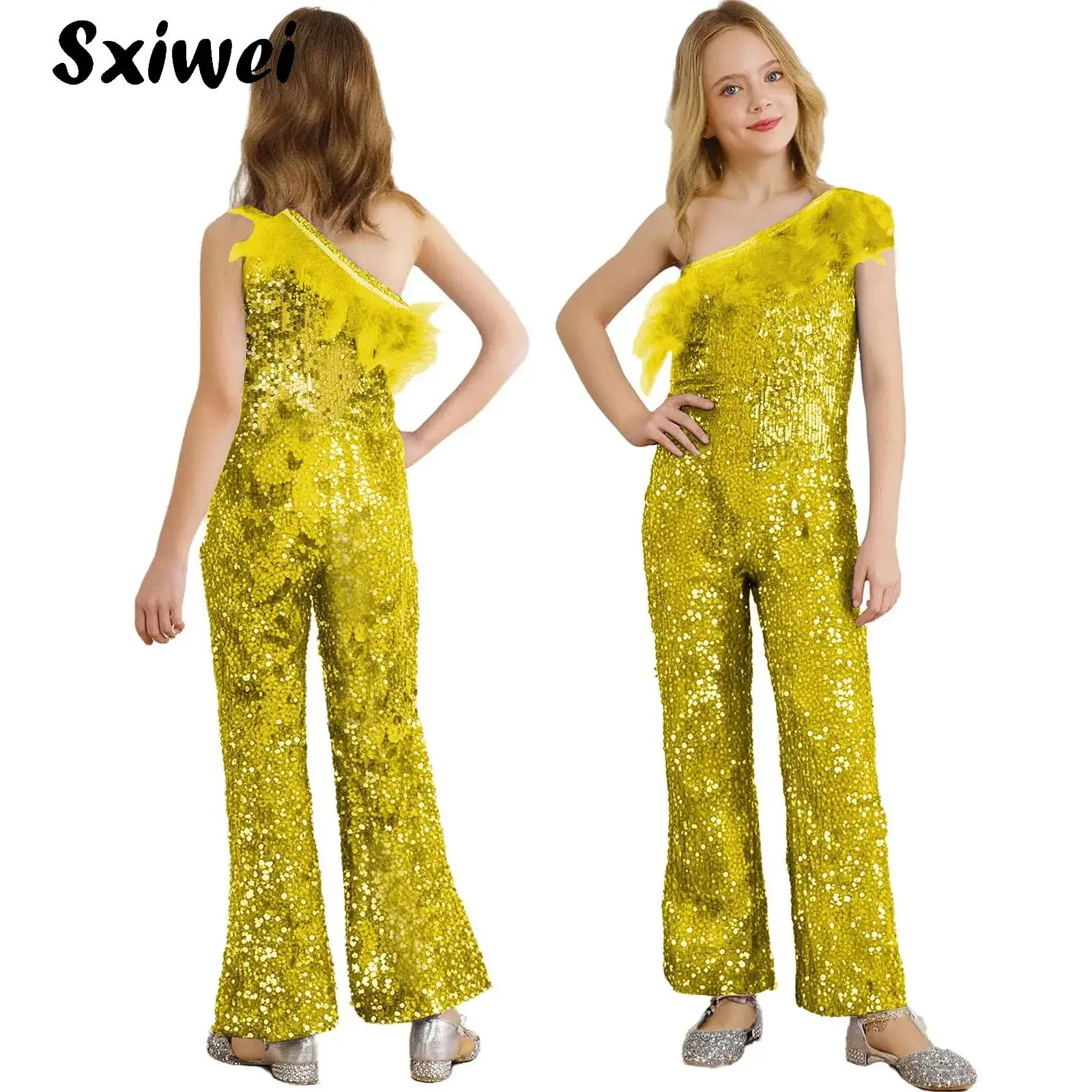 

Kids Girls Shiny Sequin Dance Pageant Jumpsuit Bodysuit One Shoulder Sleeveless Party Romper One-Piece Pants for Performance