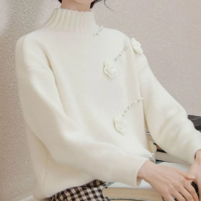 Suéter de lana de visón 3D para mujer, Cuello medio alto, versátil, estilo occidental, diseño de moda, otoño e invierno, nuevo