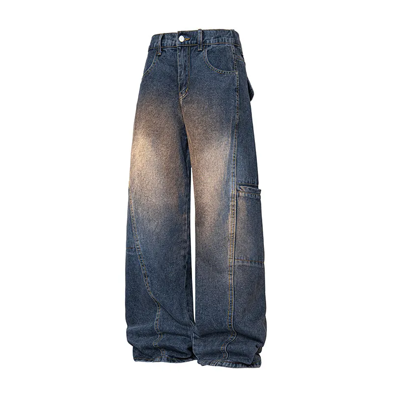 

2026 Men Retro Washed Denim Jeans Men Spring High Street Loose Wide Leg Pants Male Splicing Casual Workwear Trousers