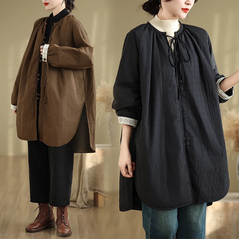 

Artistic Vintage Lightweight Cotton Jaet Loose plus Size Women's Mid-Length Cotton Coat Knot Detail Long Sve