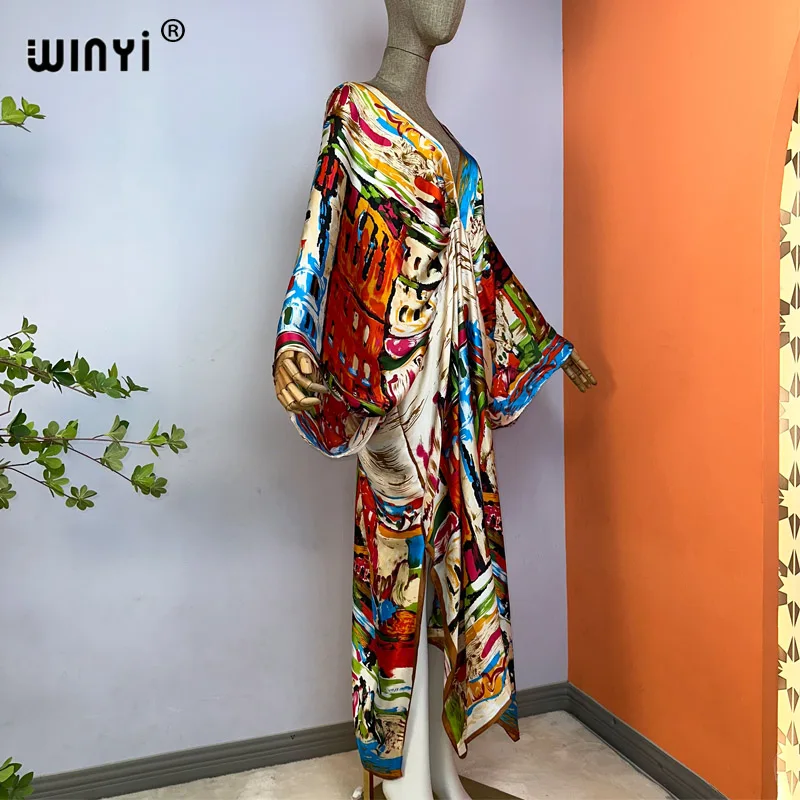 2023 WINYI Sexy Beach High-Quality Silk Feel Fashion Print Maxi Women's Robes Long V-Neck Bohemian Dress Party Evening Dress