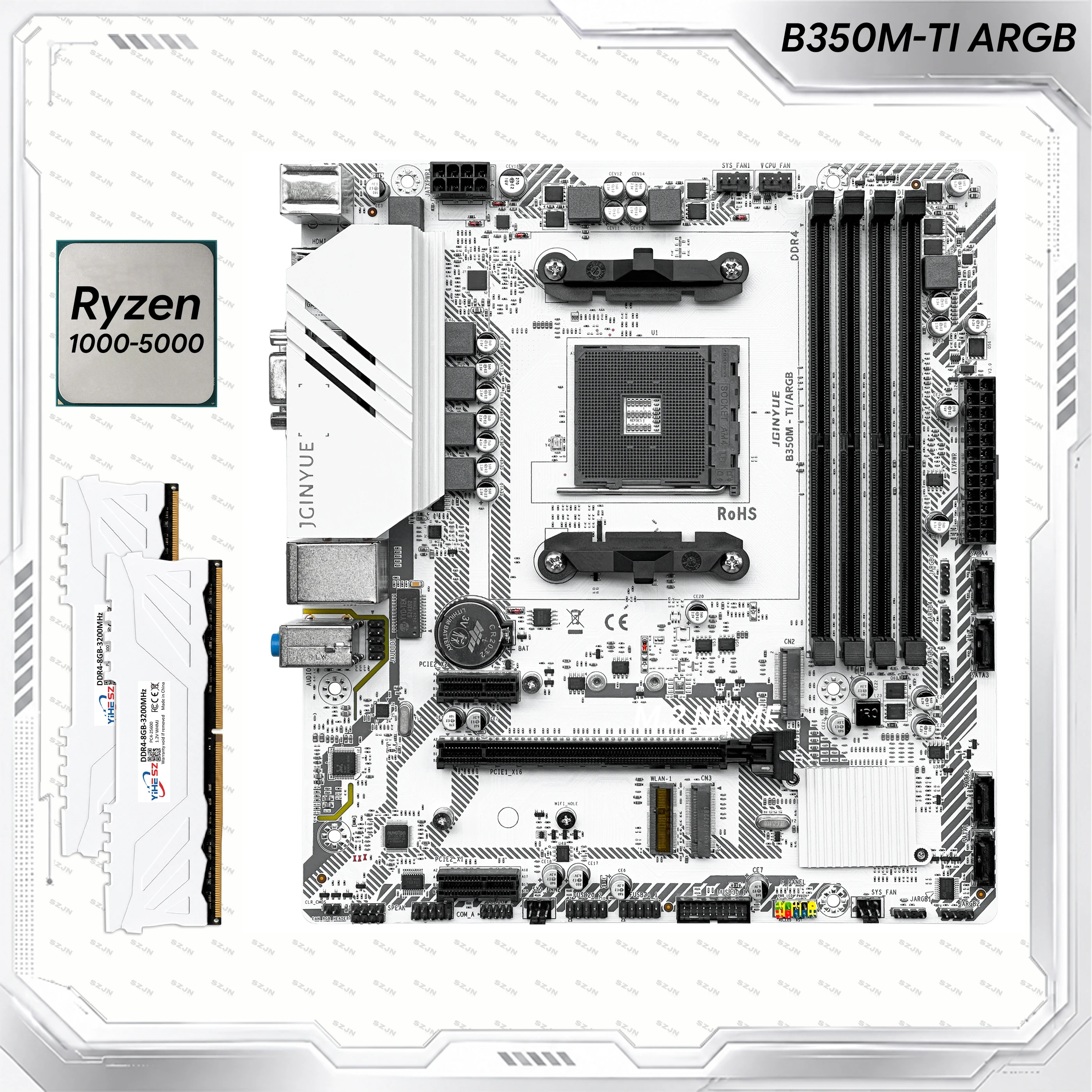 JGINYUE B350M-TI ARGB AM4 Motherboard AMD Ryzen 1000 2000 3000 4000 5000 CPU DDR4 64GB M.2 NVMe SATA3.0 Gaming PC Mainboard