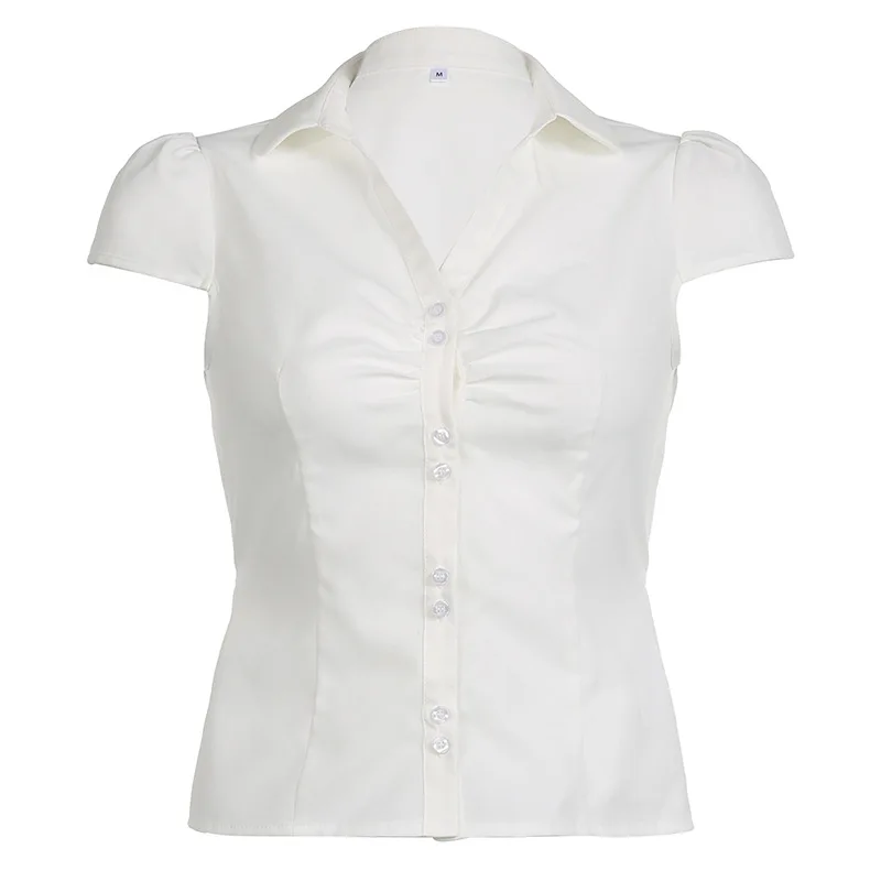 

New summer women's pleated casual breasted solid color simple back strap short sleeved shirt