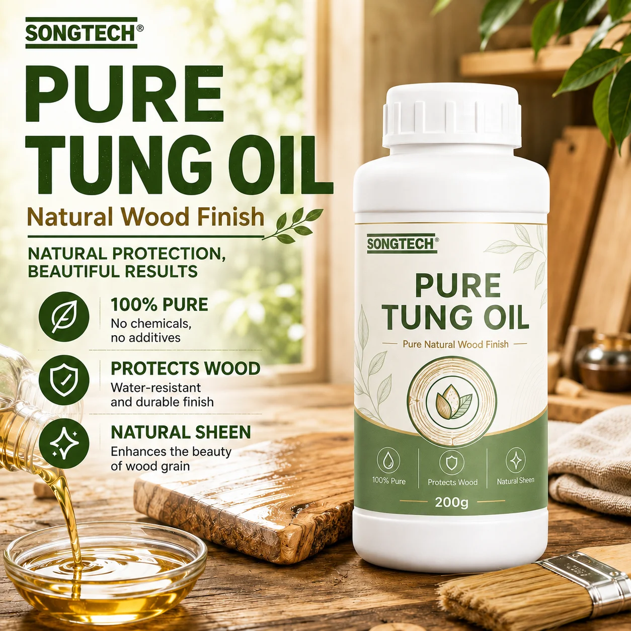 Woodworking Oil Finish - 100% Pure Tung Oil 200g Natural