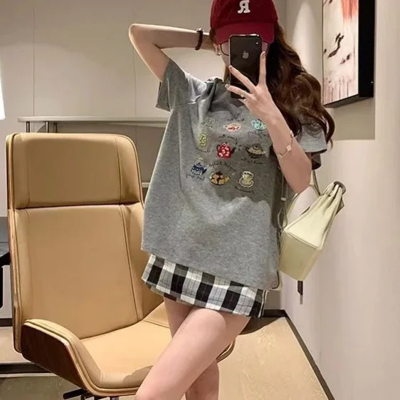 Korean Style Casual Loose Cartoon T-Shirt Short Sleeve Fashionable Summer Top Polyester Fabric round Neck Comfortable Fit