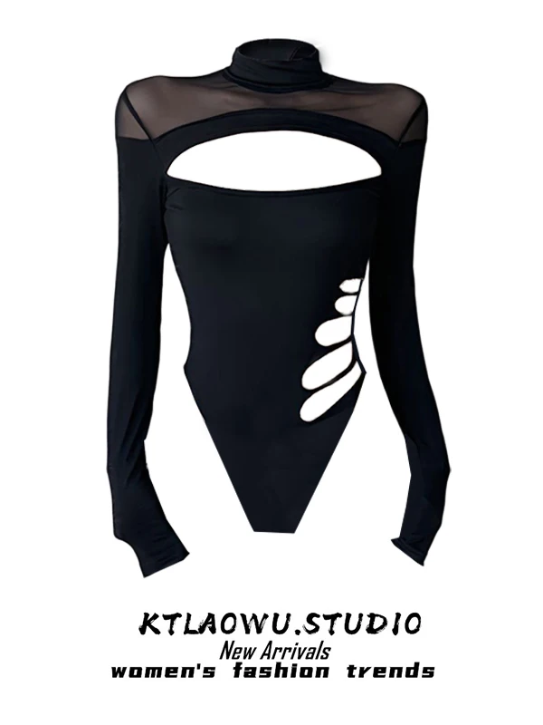 

Bla Me Splice Hollow out Bodysuit T-irt Women's Faionable Sexy Pure Desire Sle Long Sve Slim Fit Autumn Top