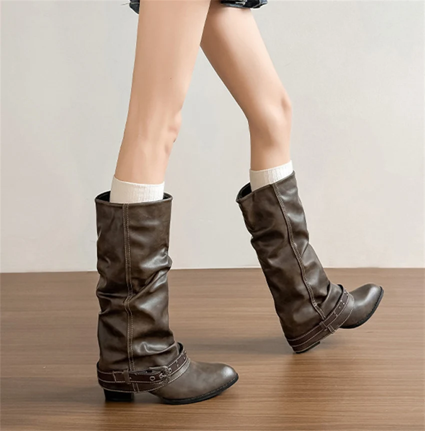 Punk-Style Belt Buckle Mid-Calf Boots for Women Square Heel Motorcycle Boots Pu Leather Pleated Boots Street Retro Riding Boots