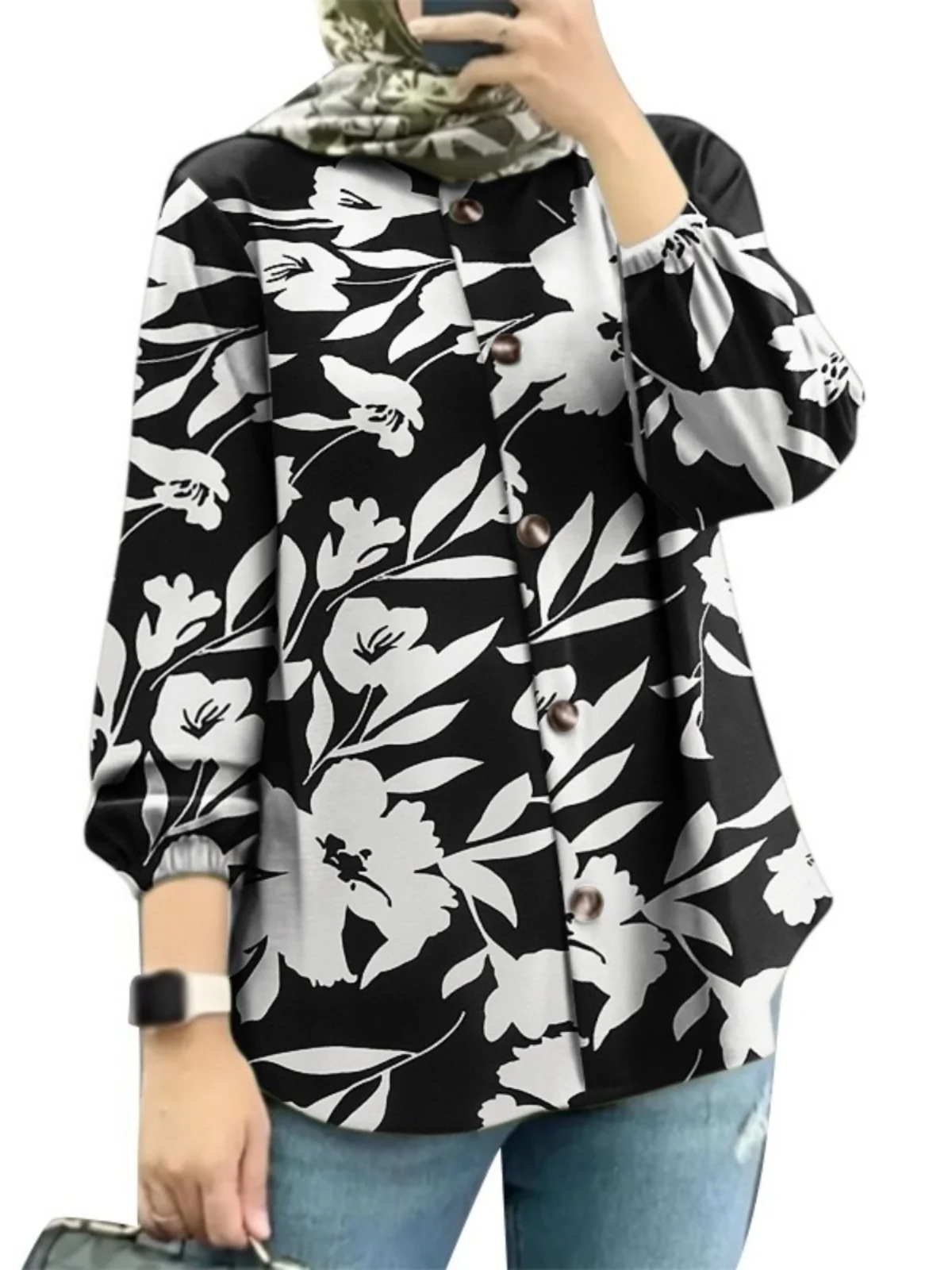 

Faionable Floral Women's irt Bubble Sve New 2025 Cross-Border Middle East Malay Sli Polyester Spring Season