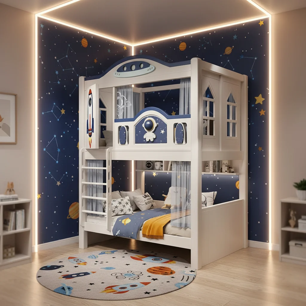 

&* Organizational Astronaut Themed Solid Timber Bunk Bed Built-in Shelving Galactic Kids Loft Sleeper Unit