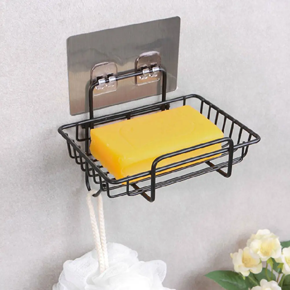 

1Pcs Black Wall Mounted Soap Stand Iron Drainage Rack for Kitchen Bath Towel Hanging Hook Soap Storage Holder Rust Proof Stylish