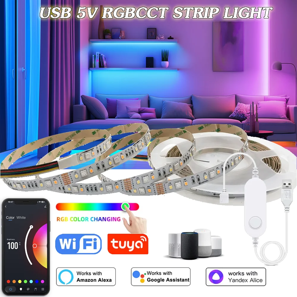 Tuya Wifi 5V USB LED Strip Lights 5050 RGBCCT Led Light Flexible Lamp Tape APP Control Room Party TV Desk Bedroom for Google