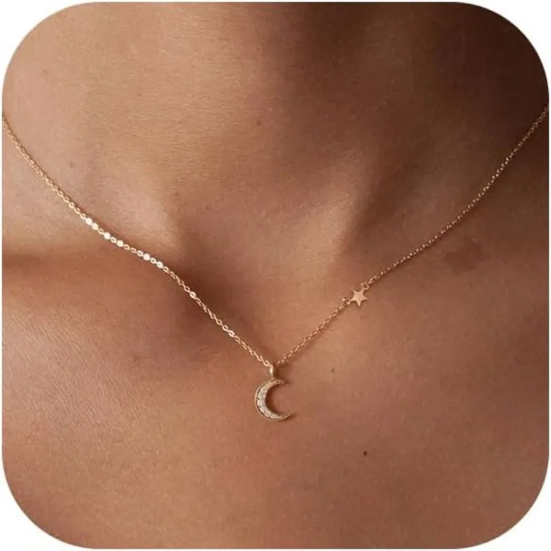 14K Vergoldete Halsketten für Frauen Silberne Filigrane Diamant-Mond-und-Stern-Choker-Halskette für Mädchen Feiner Schmuck