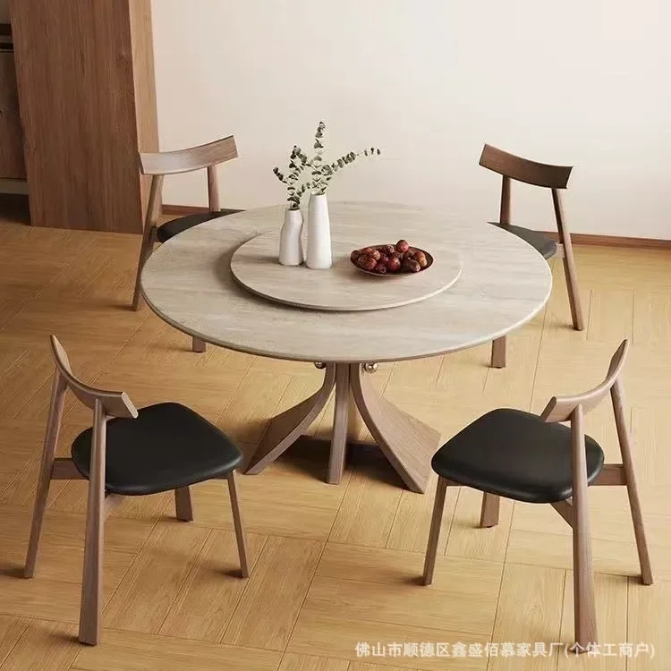 

TAO French retro style solid wood round home modern simple Italian style high-end travertine rock slab table and chair combinati
