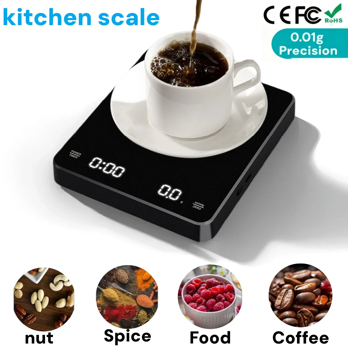 

Smart Coffee Scale with Timer 3kg, 0.1g Precision Kitchen Scale, LCD Display, for Pour Over Espresso Brewing, Home Barista Use