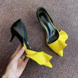 Yellow White Ruffles Side Cutout Kitten Heels Pumps Women Patent Leather falbala Patchwork Pointed Toe Mixed color Banquet Shoes