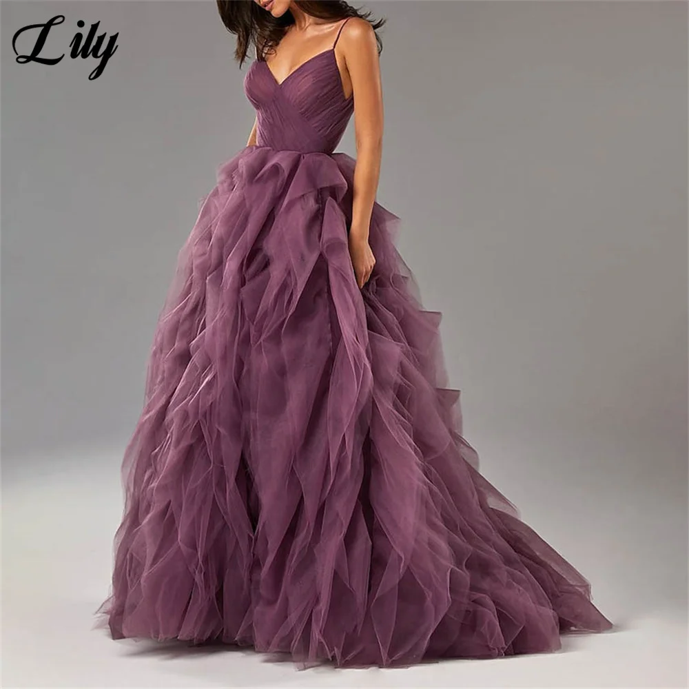 

Lily Plum Spaghetti Strap Evening Dresses Tiered Layer Charming Prom Dress V Neck Net A Line Party Dresses vestidos de noche