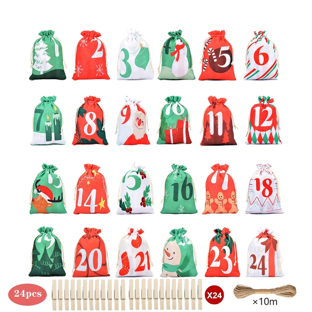 72pcs/lot Christmas Calendar Hanging Bag Cotton Linen Drawstring Bags With Wooden Clips And Hemp Rope Gift Candy Packaging Pouch
