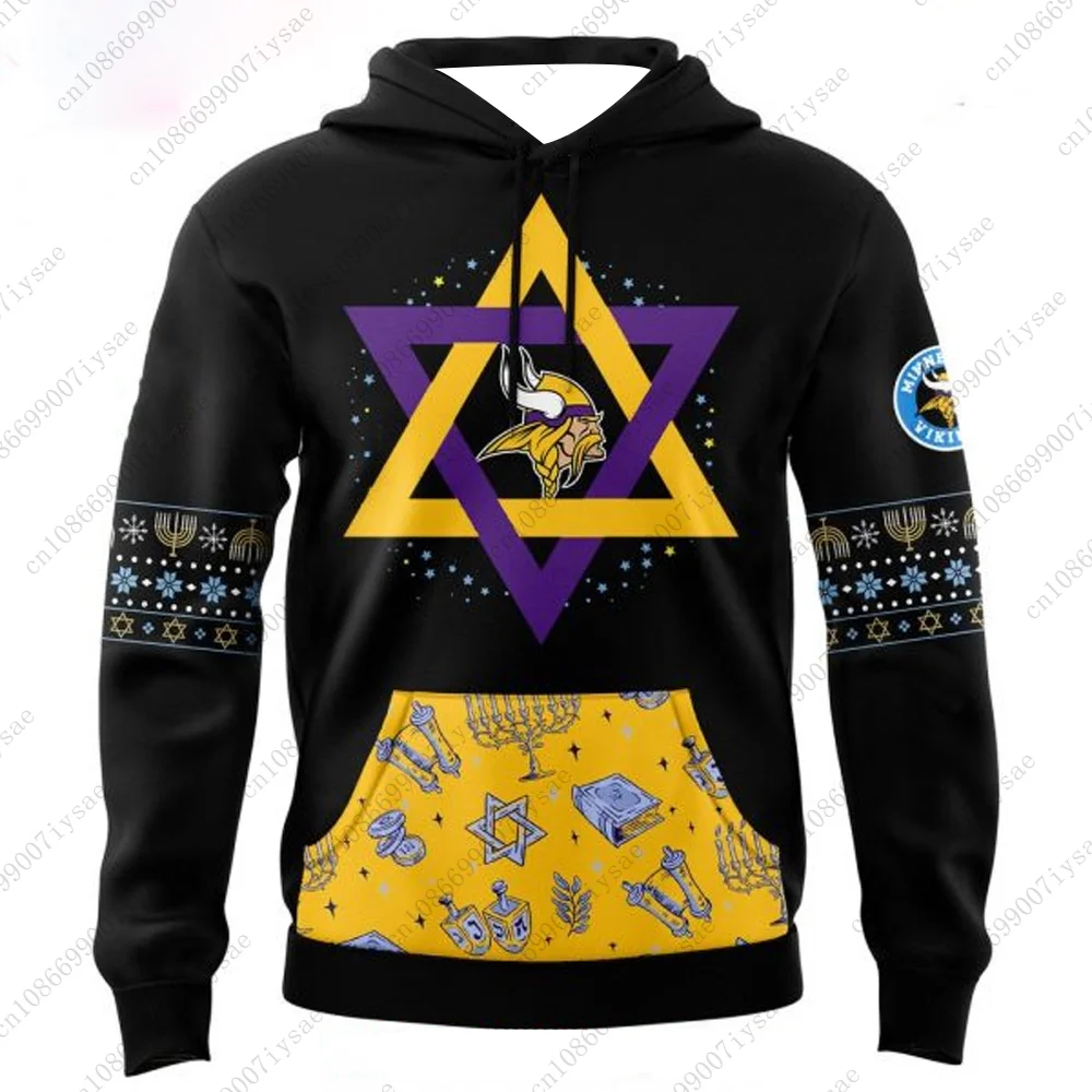 2024 Men's Vikings Happy Hanukkah Football Special Hoodie Special Hoodie Youth Kids Gym Sportwear Loose Unisex Rugby Sweatshirt