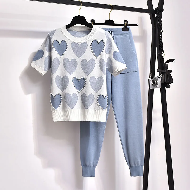 Korean Love Printed Knit 2 Piece Set Women Short Sleeve Beading Knitwear Tee Tops Conjunto 90cm Jogging Malhas Pants Casual Suit