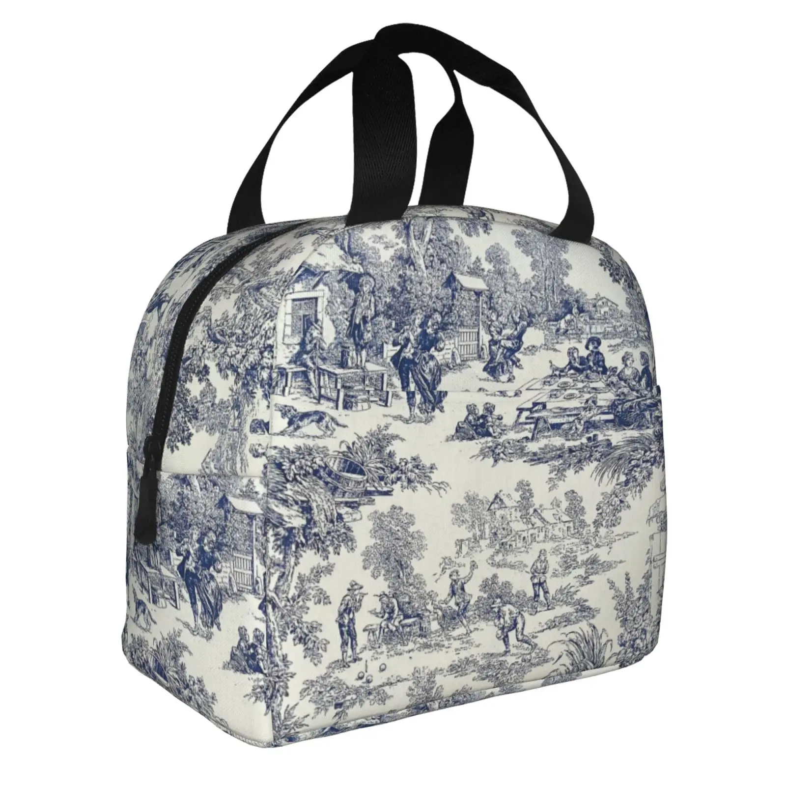 

Toile De Jouy Lunch Bag Reusable Insulated Cooler Tote Box with Front Pocket Zipper Closure for Woman Man Work