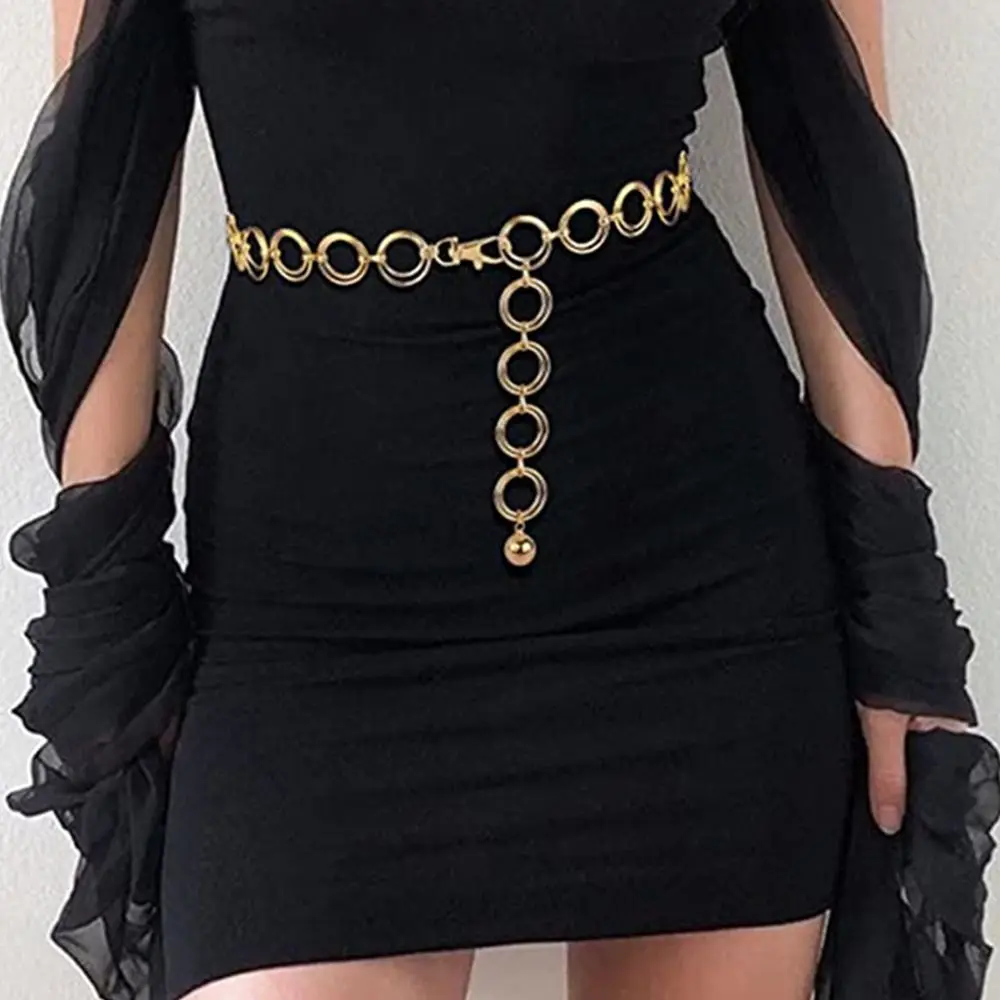 Women Casual Trendy Slimming Cummerbands Double Ring Waist Band Metal Chain Belt Luxury Alloy Waistband