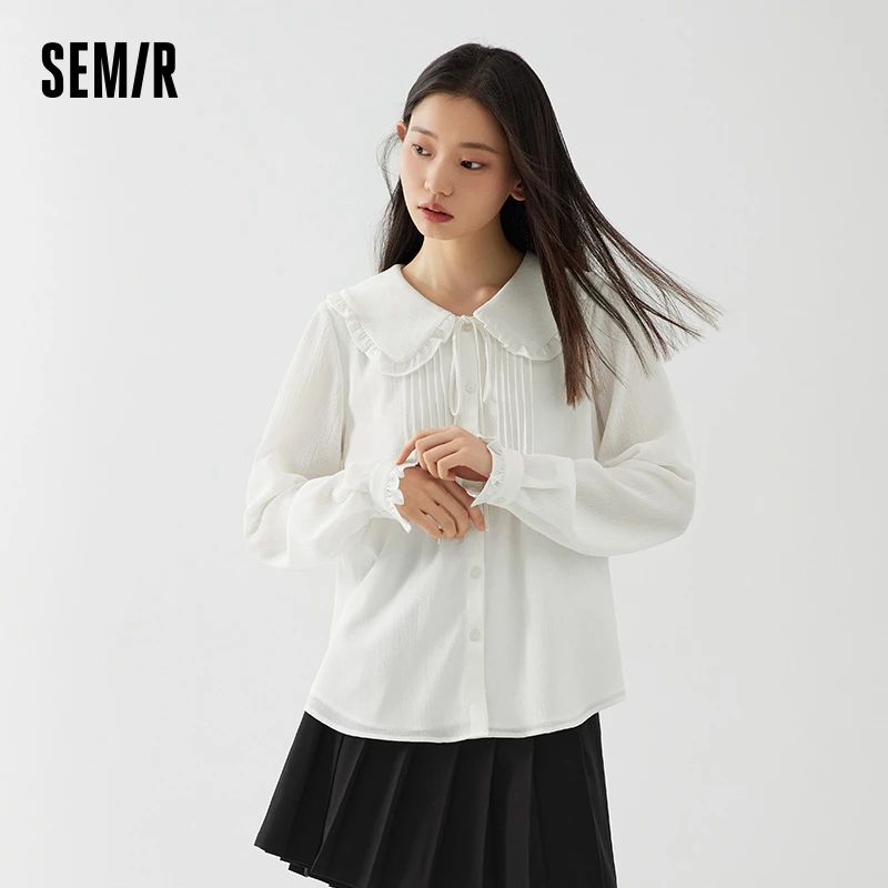 

Semir Long Sleeve Shirt Women White Textured Top Literary Romantic Autumn Gentle Series Wood Ear Edge Large Lapel Shirt