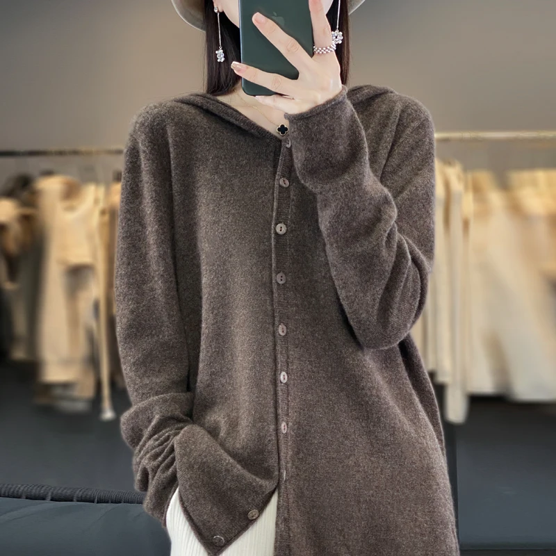 Autumn and winter new 100% pure wool cashmere sweater women\'s hooded cardigan casual sweater fashion solid color loose top