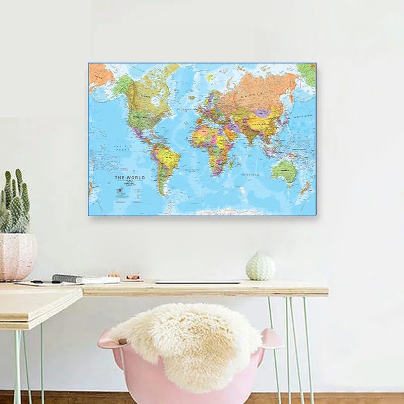 La mappa del mondo 75 * 50 cm con dettagli Spray Tela Pittura Wall Art Poster Decorazione della casa Materiale scolastico per ufficio in inglese