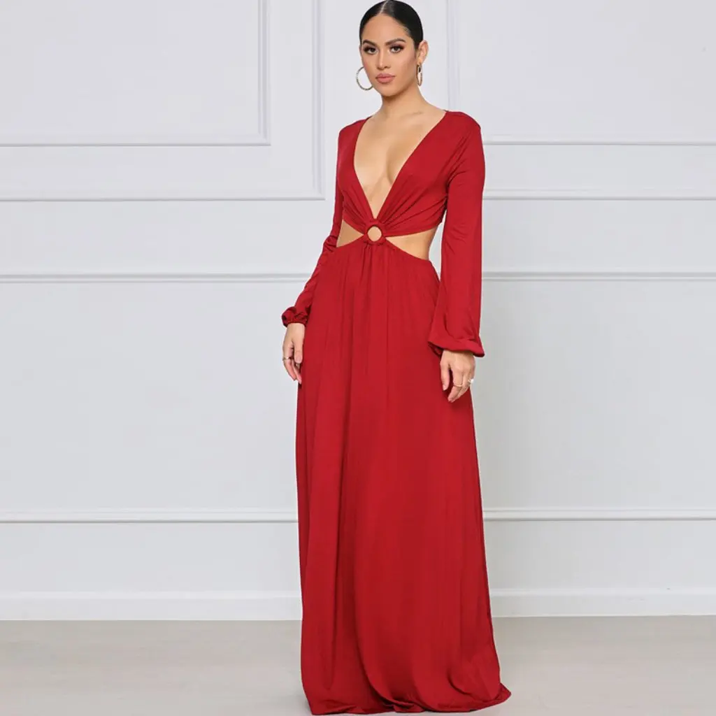 Vestido longo feminino sexy decote em v profundo oco design cor sólida outono inverno novo estilo europeu americano