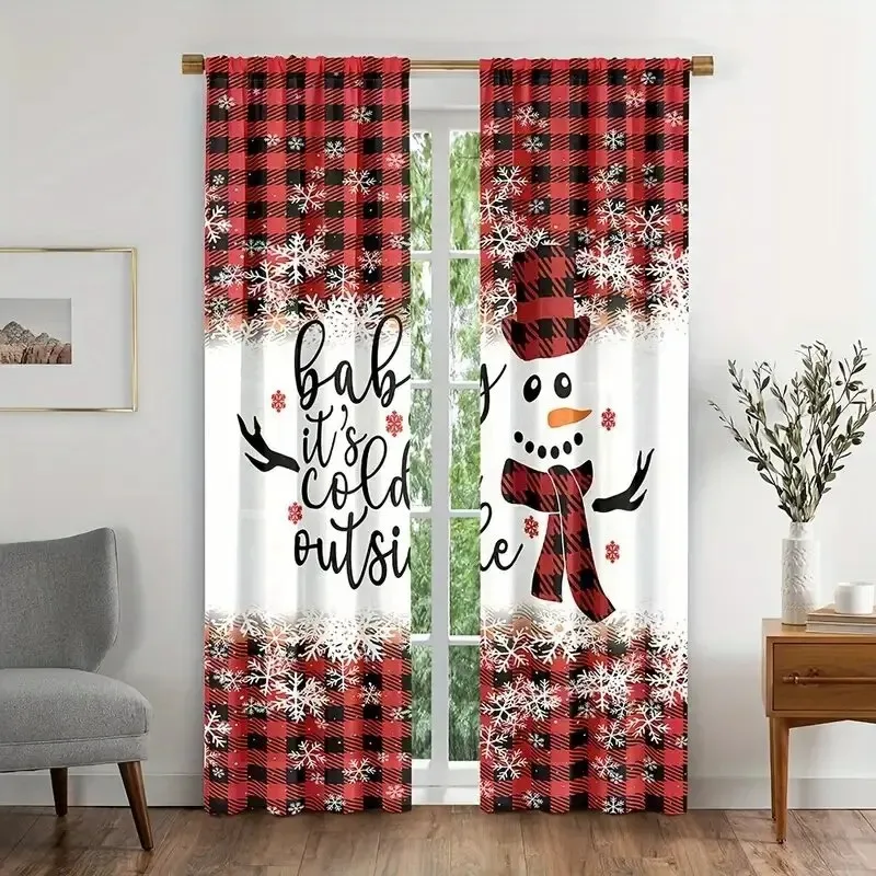 2PCS Digital Print Curtains, Red Black Plaid Snowman Baby It's Cold Outside Text, Rustic Christmas for Living Room Bedroom