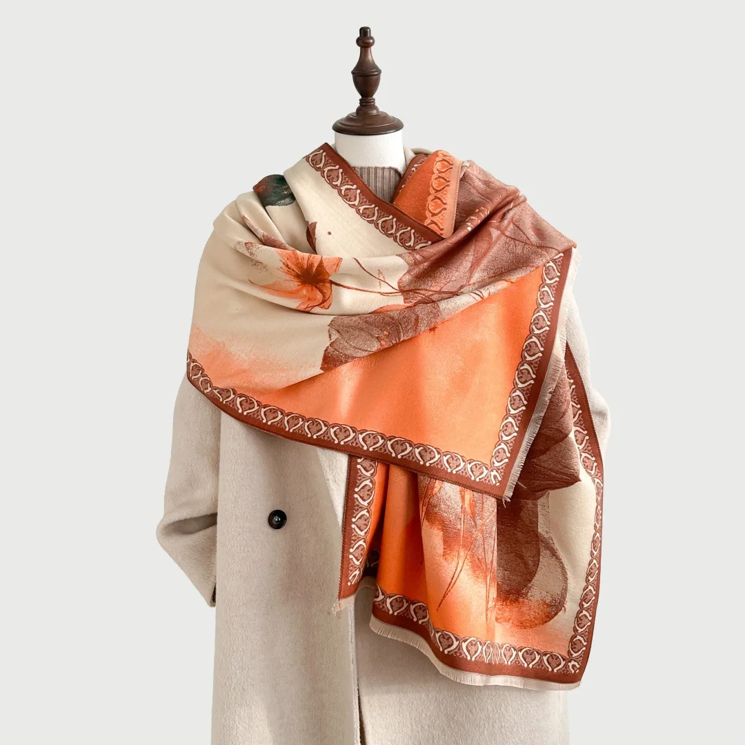 

Winter Lotus Flower Style Artistic Scarf Retro Elegant Faux Cashmere Floral Women's Warm Scarf Air Conditioner Shawls