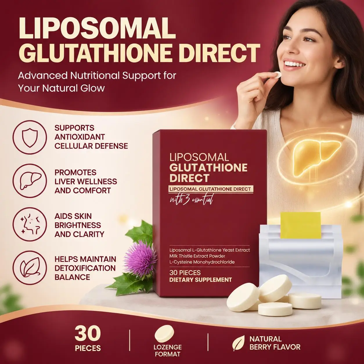 Liposomal Glutathione Lozenges with Vitamin C & E Antioxidants Maintain Skin Radiance Protect Liver Health for Adults 30 Pieces