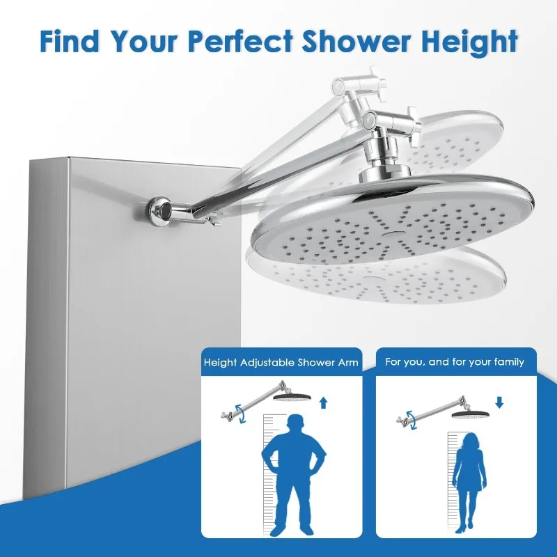 Stainless Steel Shower Panels System with 8-inch Rainfall Shower, 6 Body Jets and 5-Setting Handheld Wand, Tower Adjustable Head