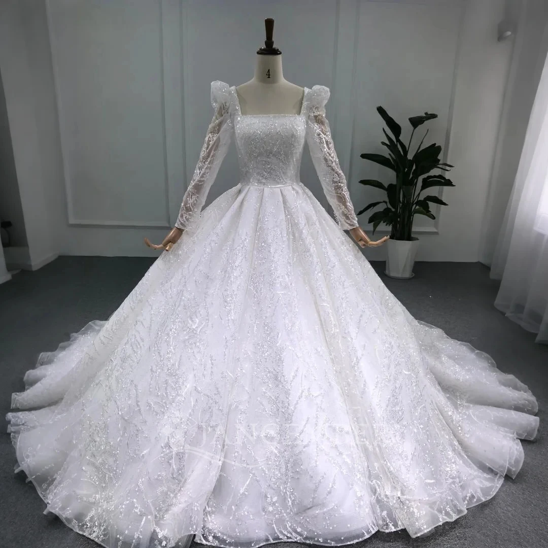 

Customized Gorgeous Wedding dress Beaded Square Collar Long Sleeves Puffy Skirt Wedding Party dress 2025 Vestidos de novia