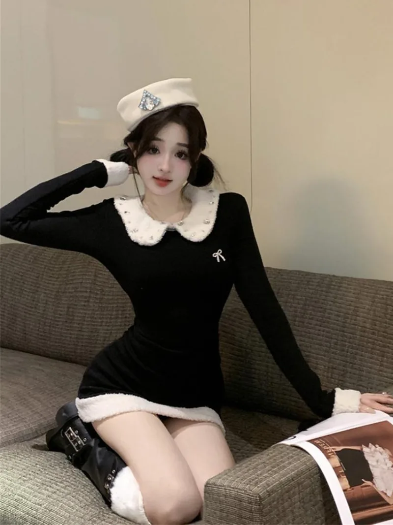 

French Sweet Doll Neck Wrap Hip Dress Women Fashion Diamond Spicy Girl Academy Elastic Slim Bow Splice Winter Chic Lady Wear New