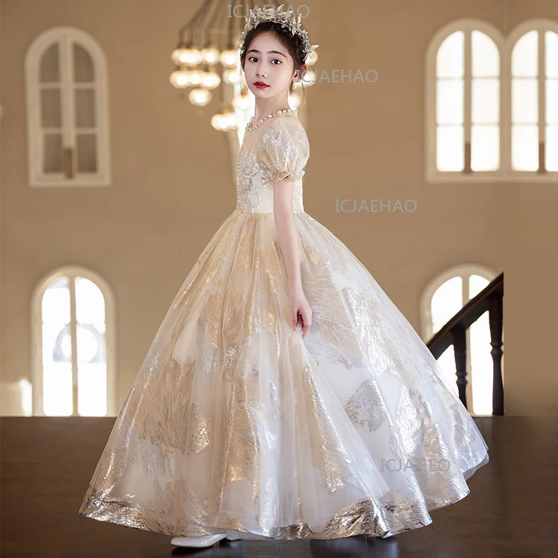 2026 Kids Girls Champagne Princess Gown Dress Vintage  Evening Flower Girl Wedding Children Birthday Piano Performance Costume