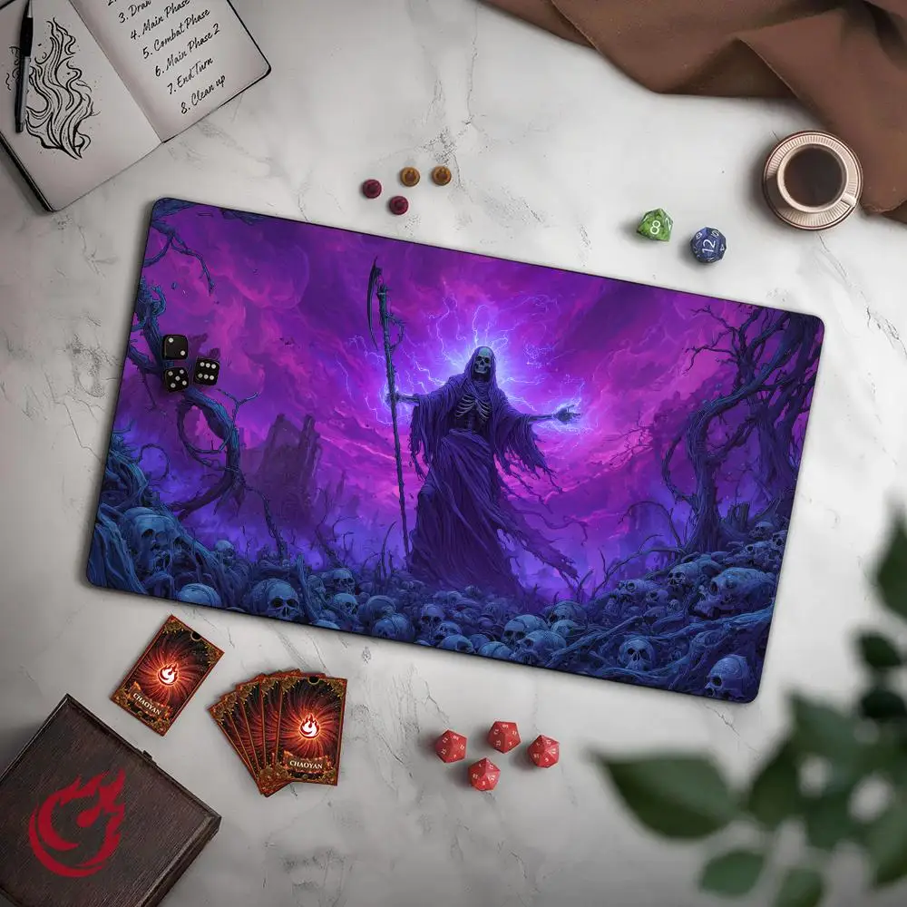 Stunning Black-Robed Skeleton TCG Playmat Magic Card Mat Stitched Edge Non-Slip Durable Tabletop Playmat Board Game Mat for TCG