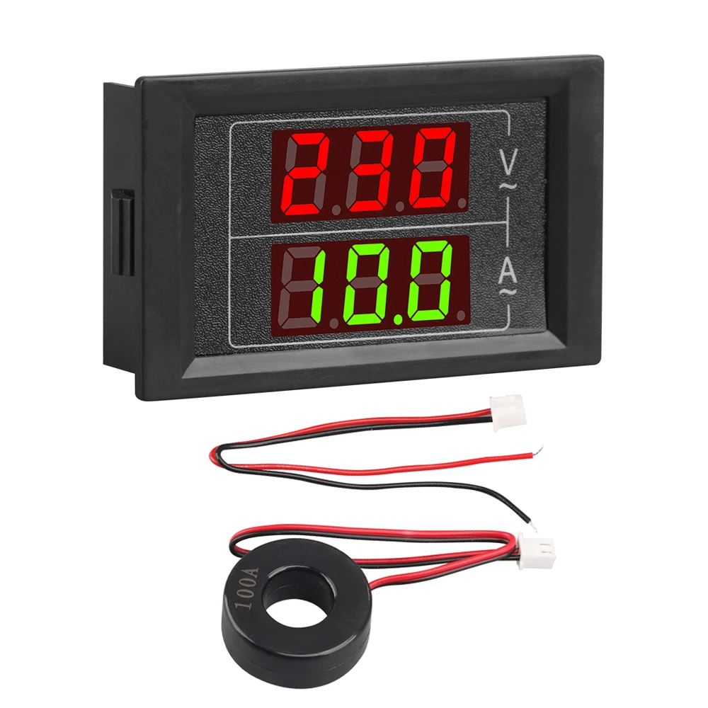 AC 60V-500V 99.9A LED Digital Voltmeter Ammeter 2 Wire Voltage Amperage Tester Gauge with Current Transformer Red Green Display