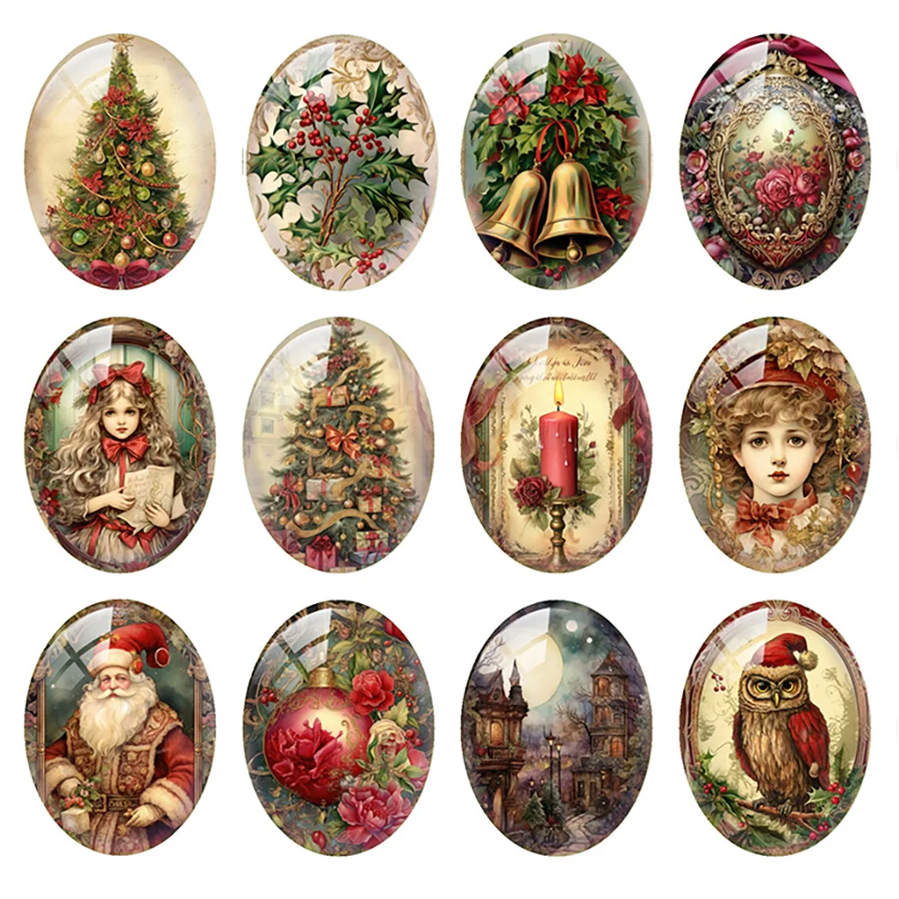 

10pcs/lot Christmas X-mas Jingle Bell Tree Girl Owls Santa Oval Photo Glass Cabochon Flatback Demo Cameo Diy Jewelry Making