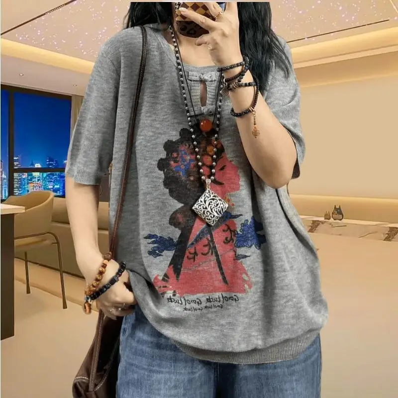 

Slimming Printed T-Shirt Women's plus Size Short Sleeve Thin Base Shirt Spring Summer New Style Fashionable Commute Style Art...