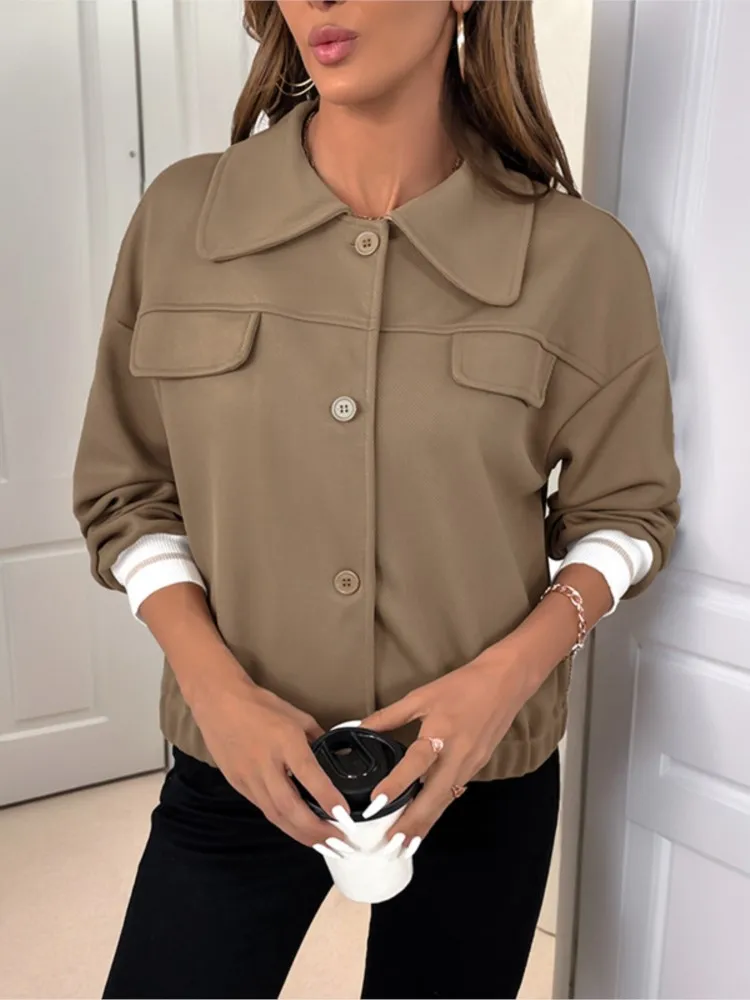 

Women's Clothing Casual Long Sleeve Lapel Jacket Simple Style Contrast Outerwears Temperament Vestes Femmes Commuting All-match