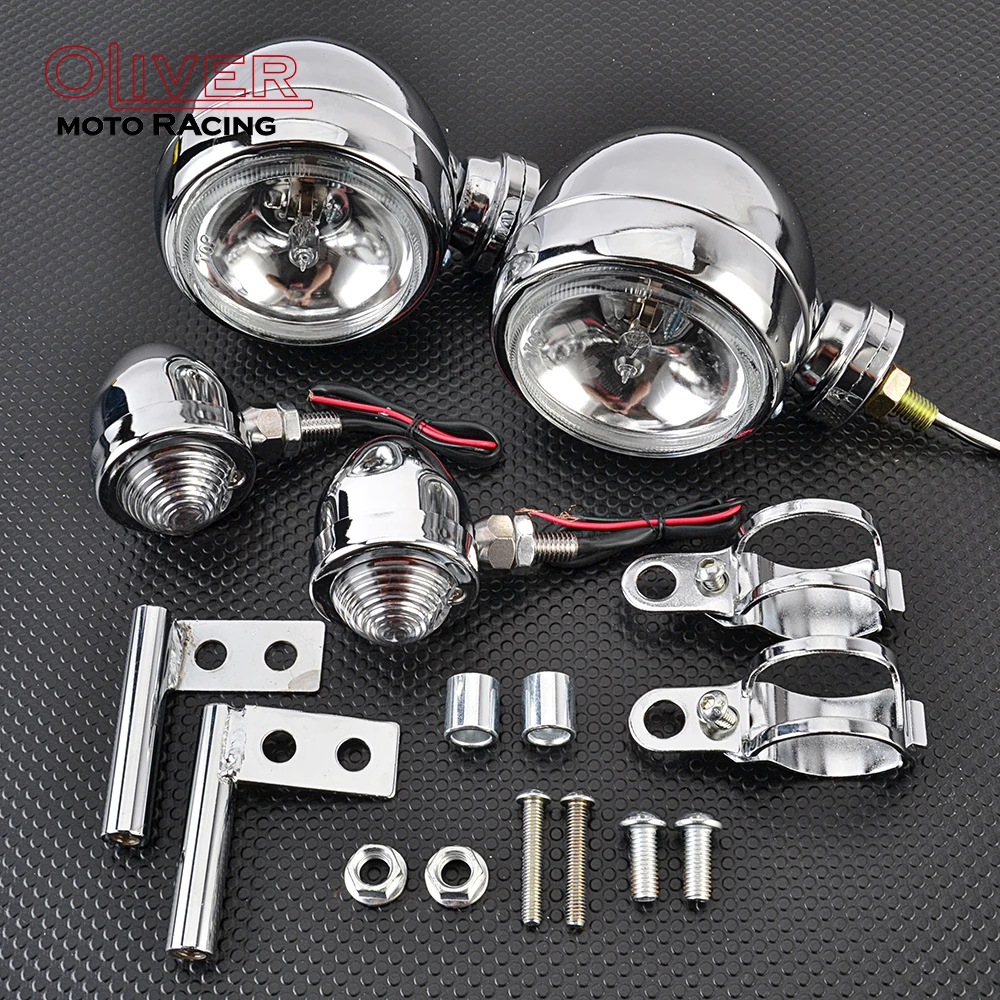 Faro per Moto Cafe Racer, Luce Spot, Luce Fendinebbia, Indicatore di Direzione, Barra Luminosa con Staffa per Harley Bobber Chopper Cruiser Touring Custom
